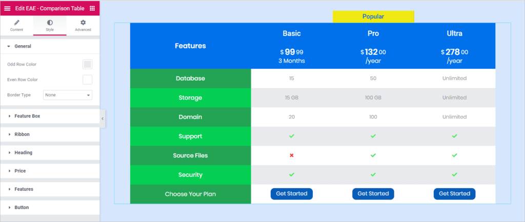 Comparison table 