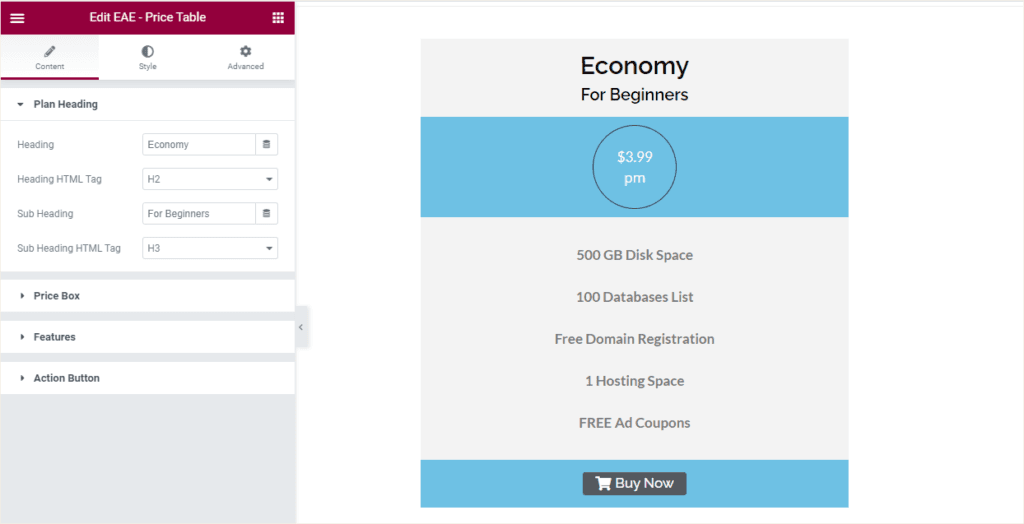 Customize Price Table