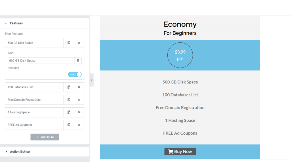 Price Table Features Settings