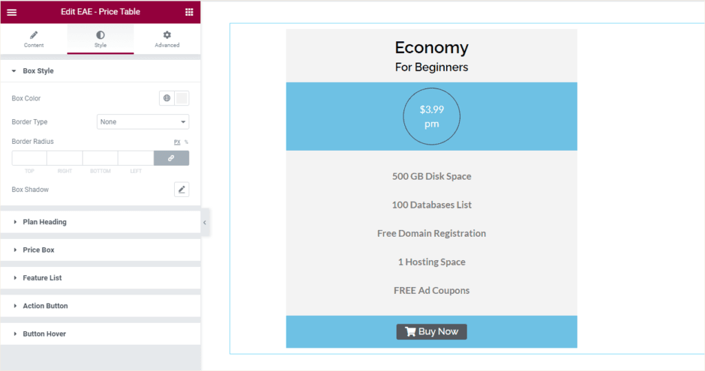 Price Table Style Settings