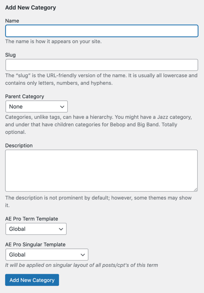 Single Post Template - Category Add Form