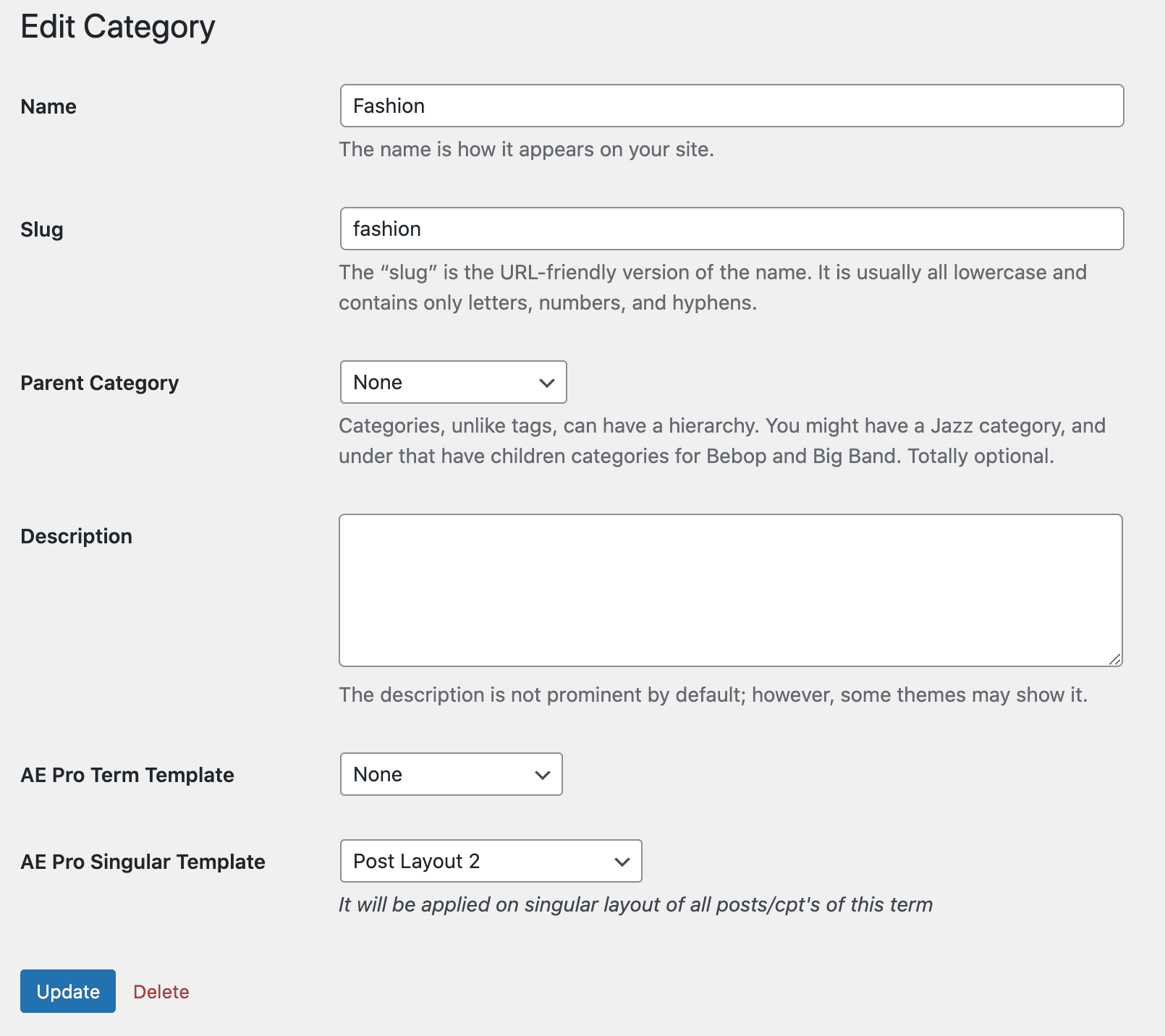 Single Post Template - Category Edit Form. 