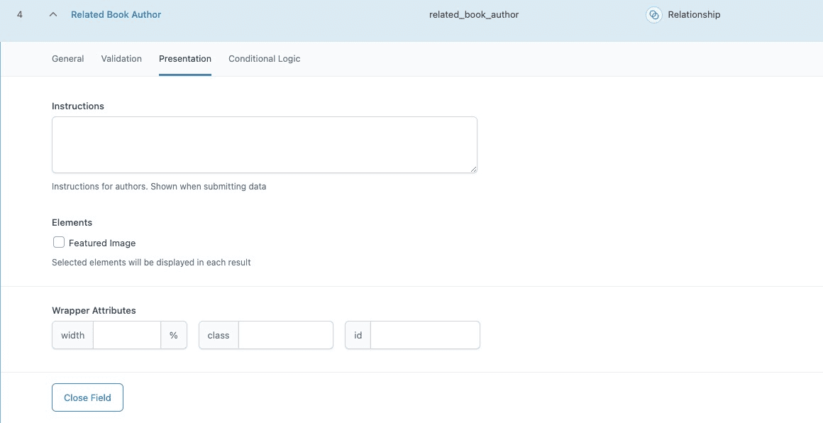 ACF Relationship field: Presentation Settings