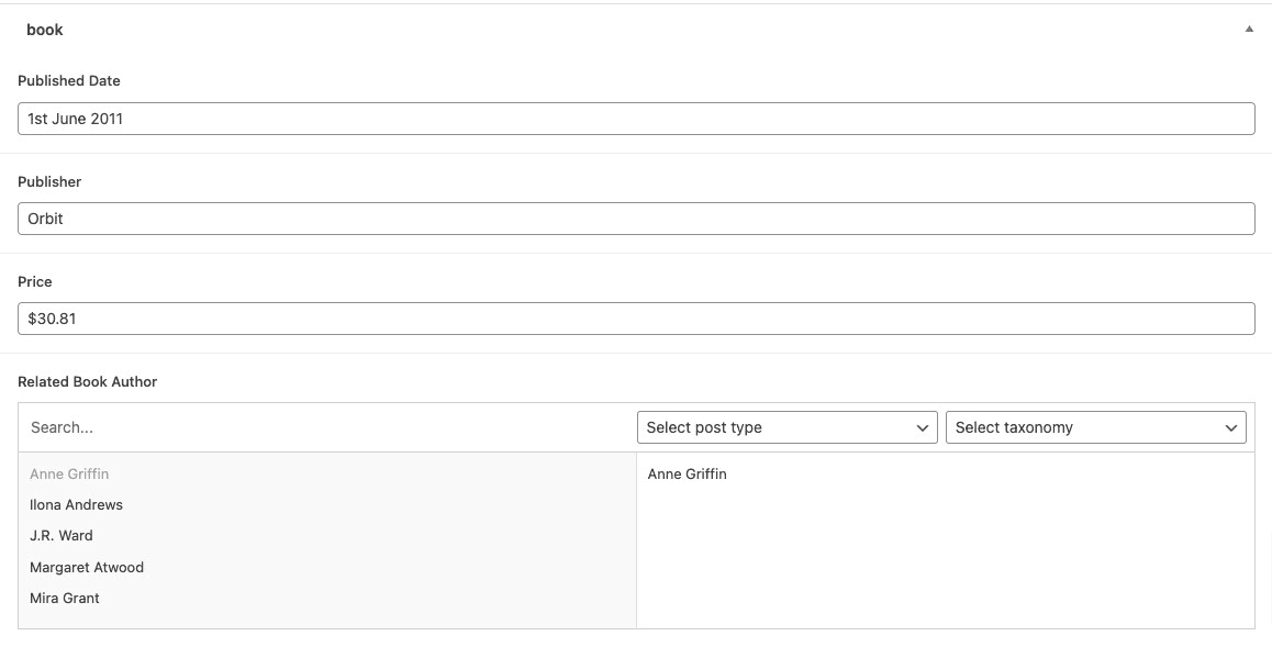 ACF Relationship Field Example with Book and Author 