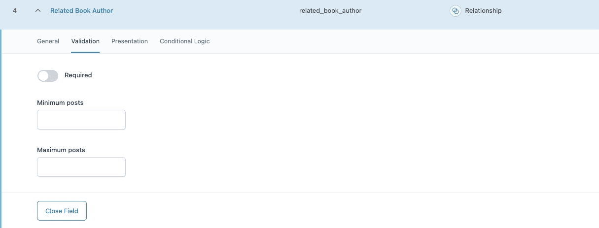 ACF Relationship Field: Validation Settings
