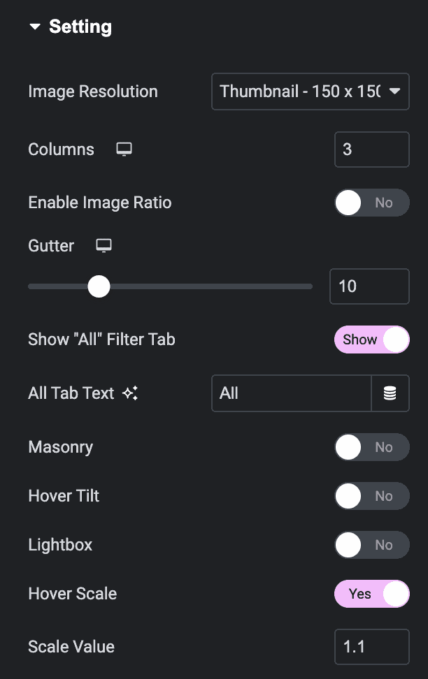 Filterable Gallery Settings