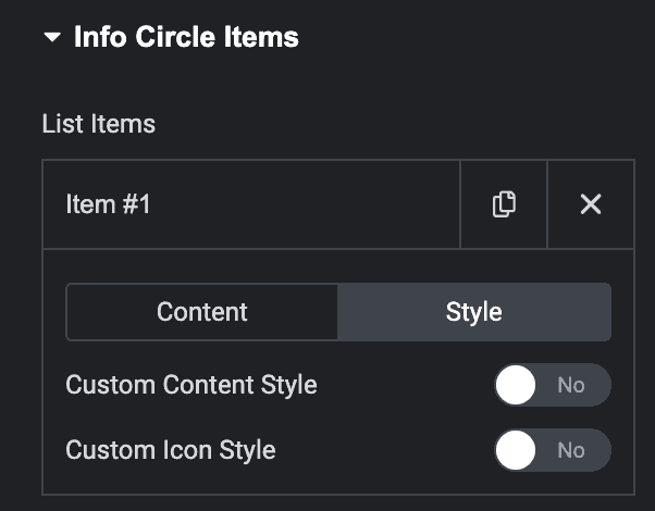 Info Circle Items: Content Style Settings