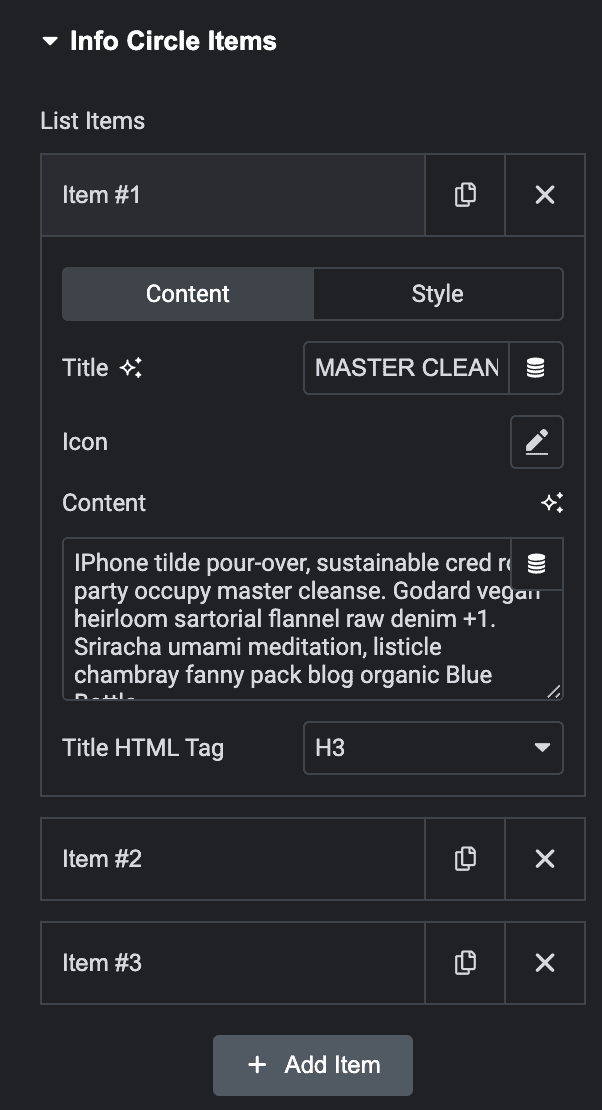 Info Circle Items: Content Settings