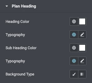 Price Table: Plan Heading Style Settings