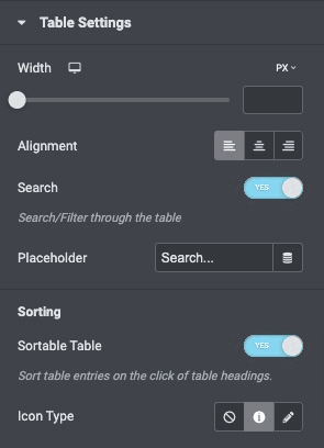 Data Table: Table Settings