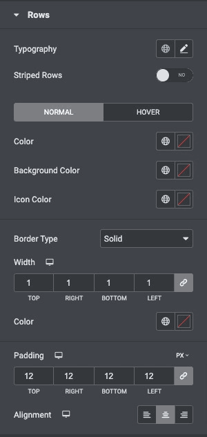 Data Table: Rows Style Settings