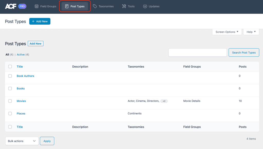 ACF: Custom Post Types