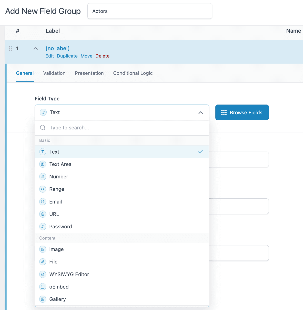 ACF Add New Field Group Option