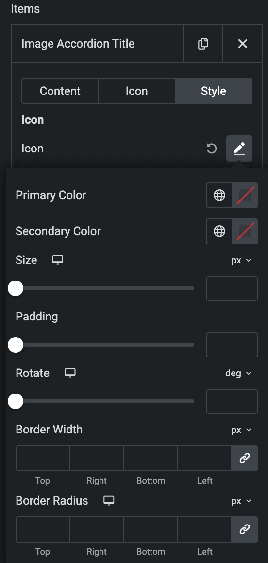 Image Accordion: Hover Icon Style Settings(individual item)