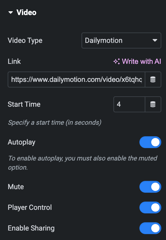 Video Box: Dailymotion Video Type Settings