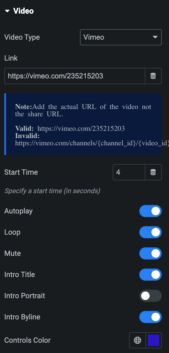 Video Box: Vimeo Video Type Settings