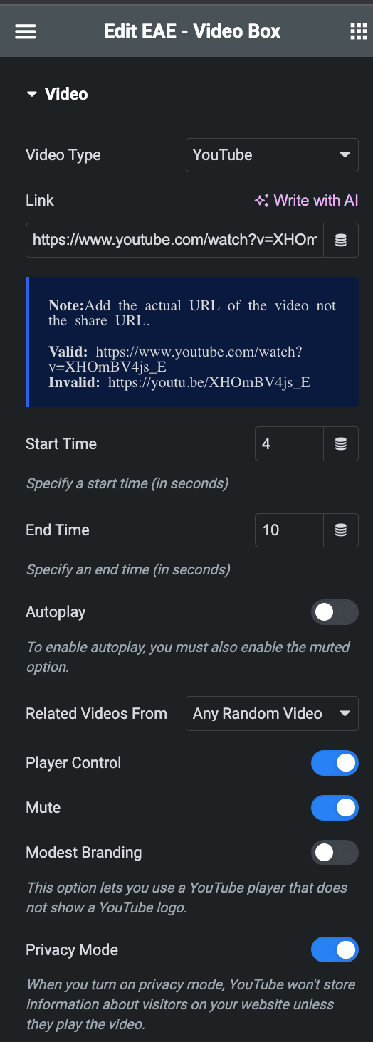 Video Box: Youtube Video Type Settings