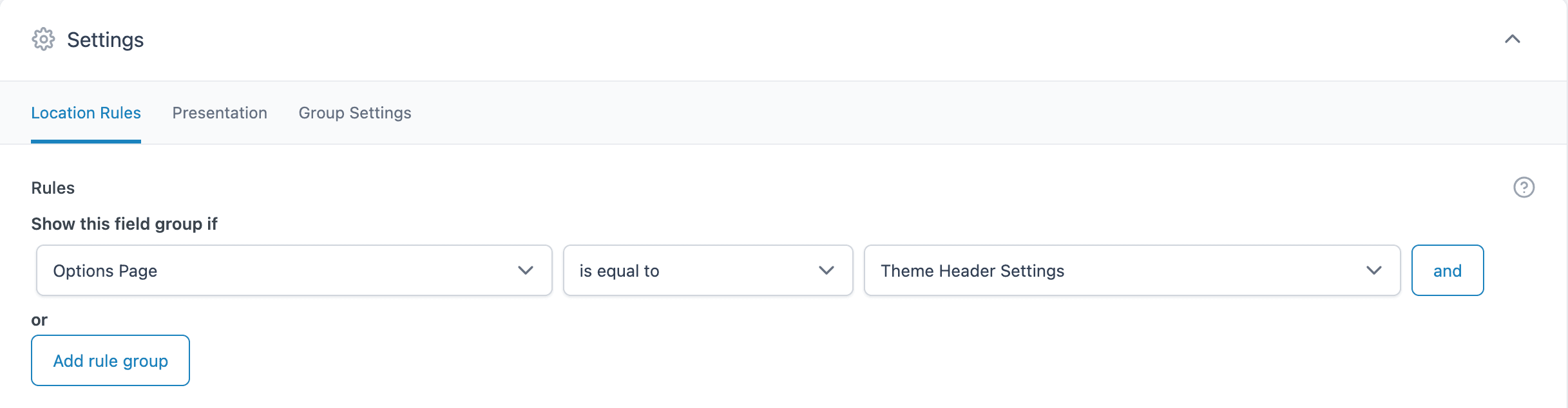 ACF Options Page: Field Group Settings