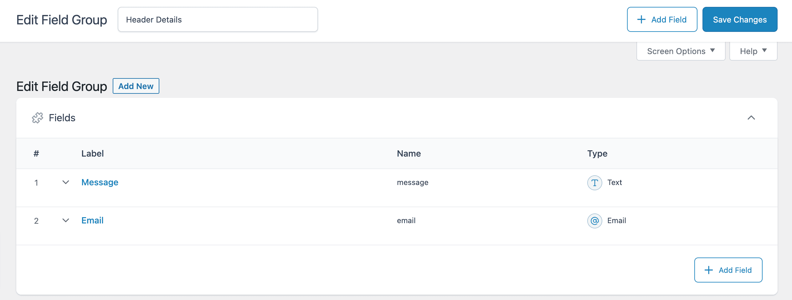 ACF Options Page: Subfields