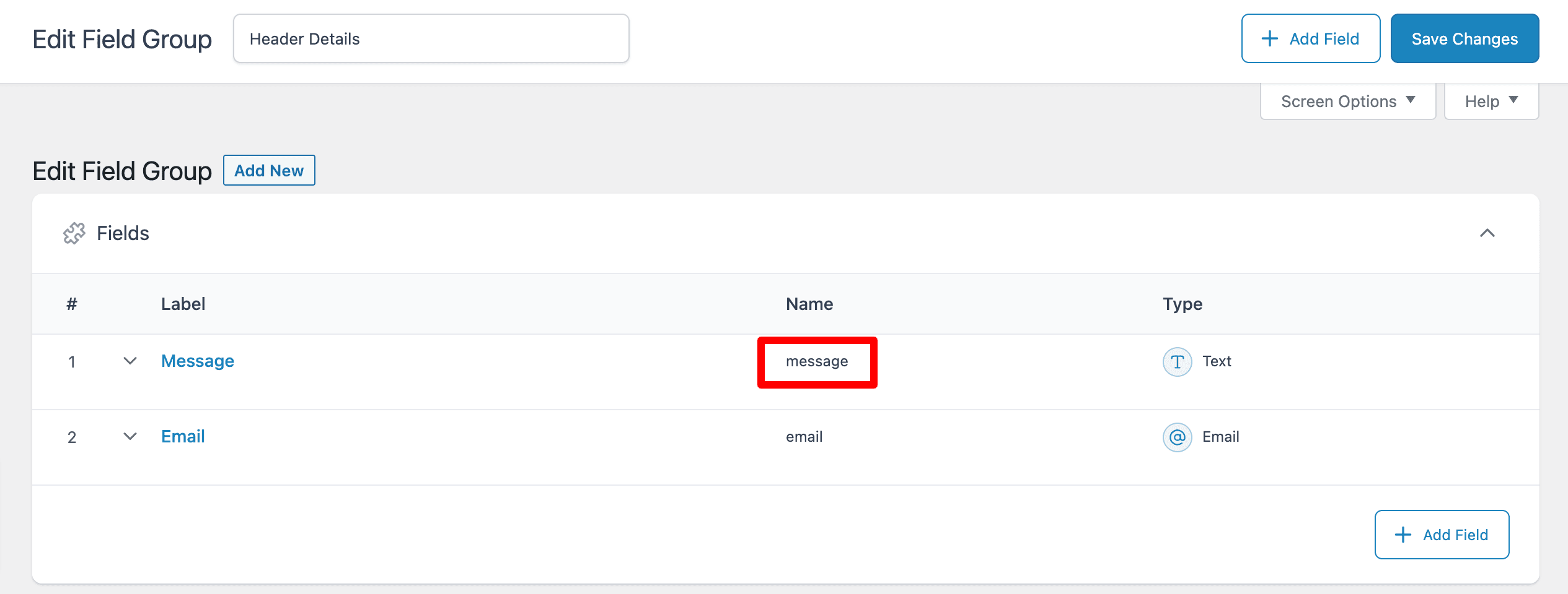 ACF Options Page: Subfields Name