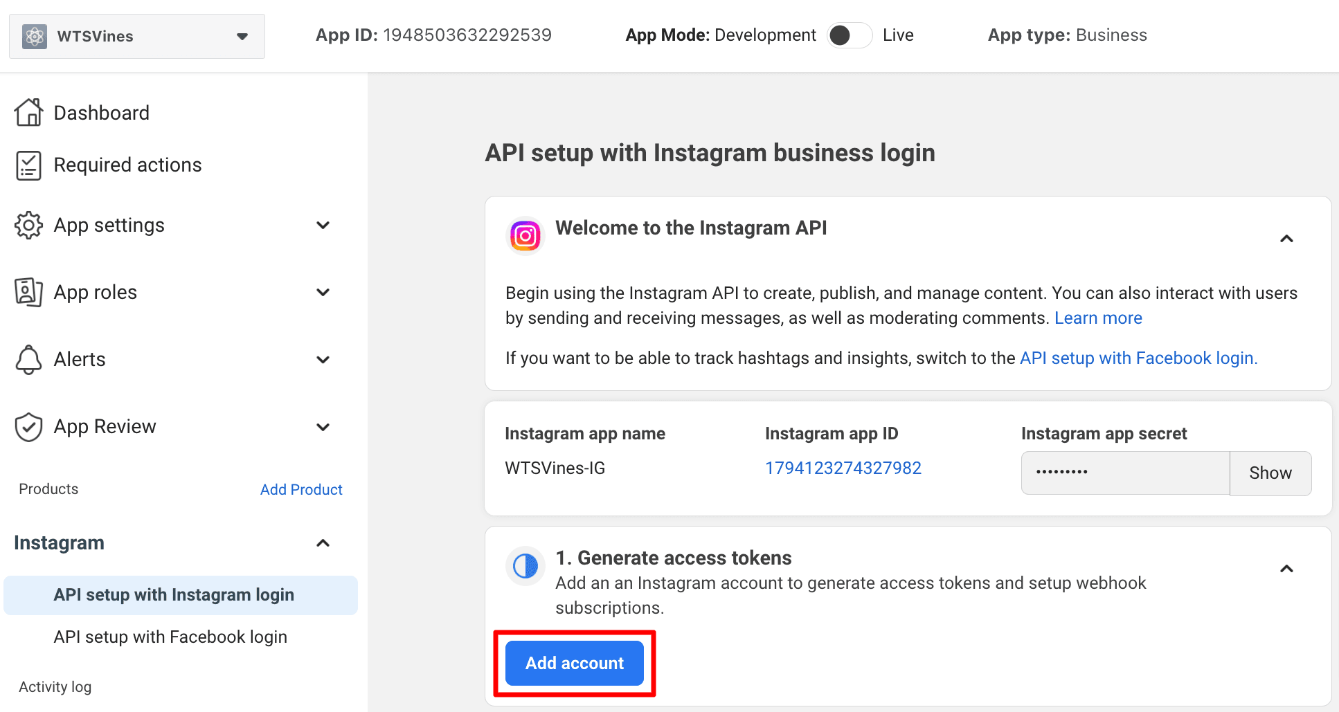 Meta For Developers Account: Add Instagram Account