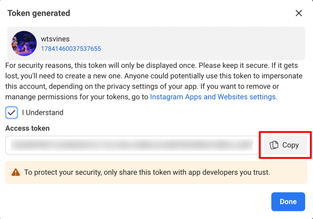 Meta For Developers Account: Instagram Access Token Generated