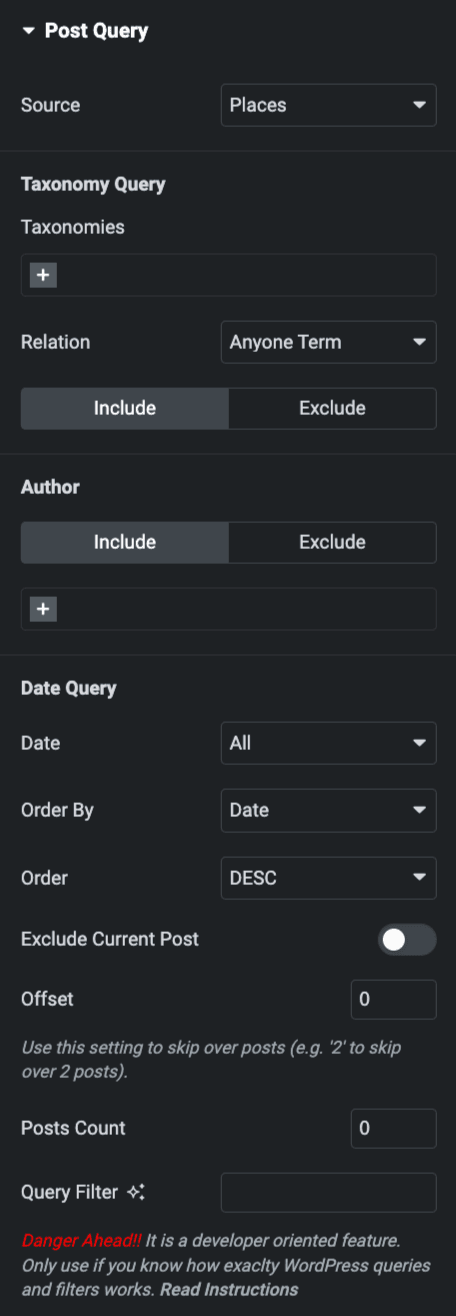 AE Dynamic Map: Post Query Settings