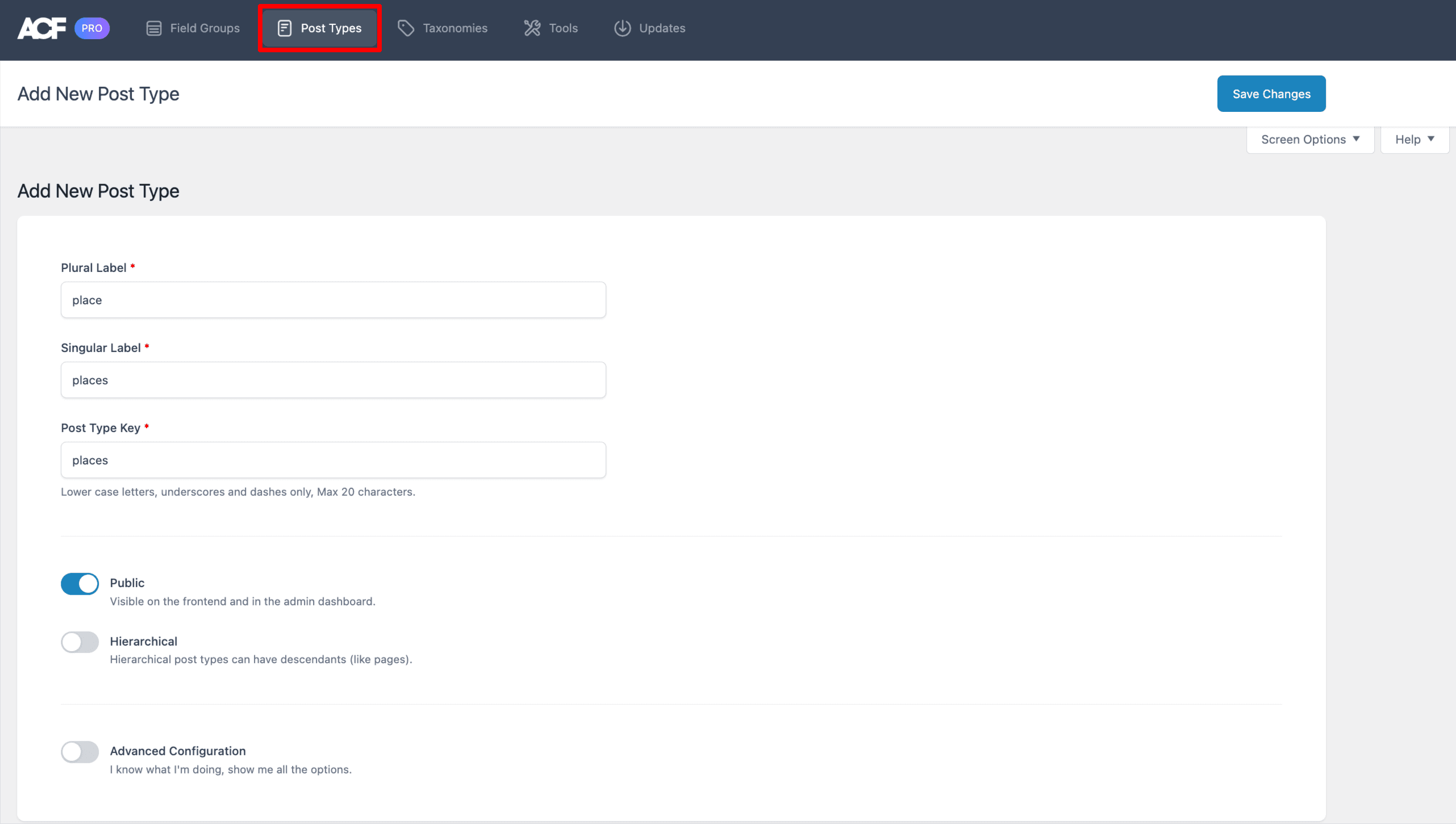 Advanced Custom Fields(ACF): Post Types Settings