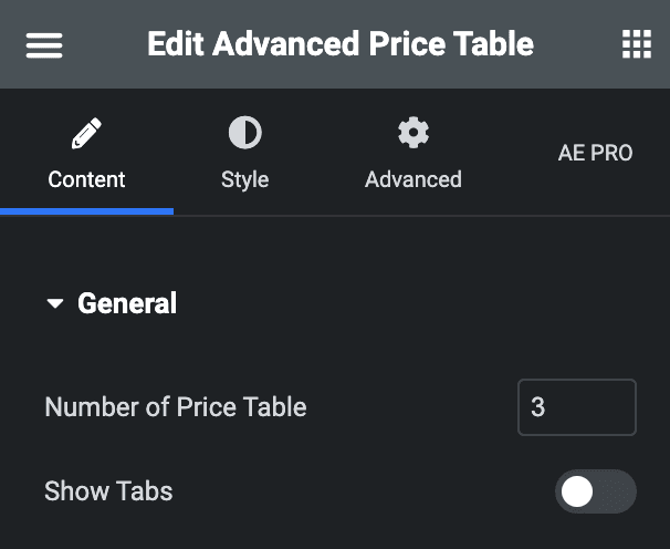 Advanced Price Table: General Settings