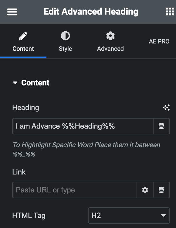 Advanced Heading: Content Settings