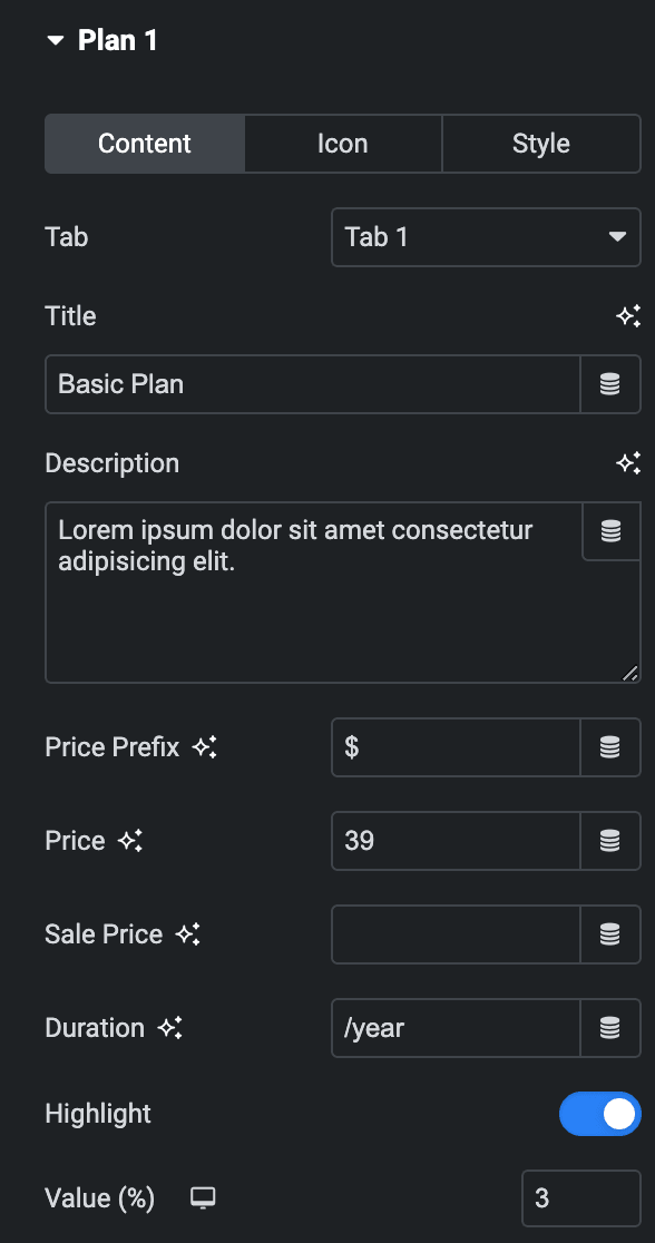 Advanced Price Table: Plan Content Settings