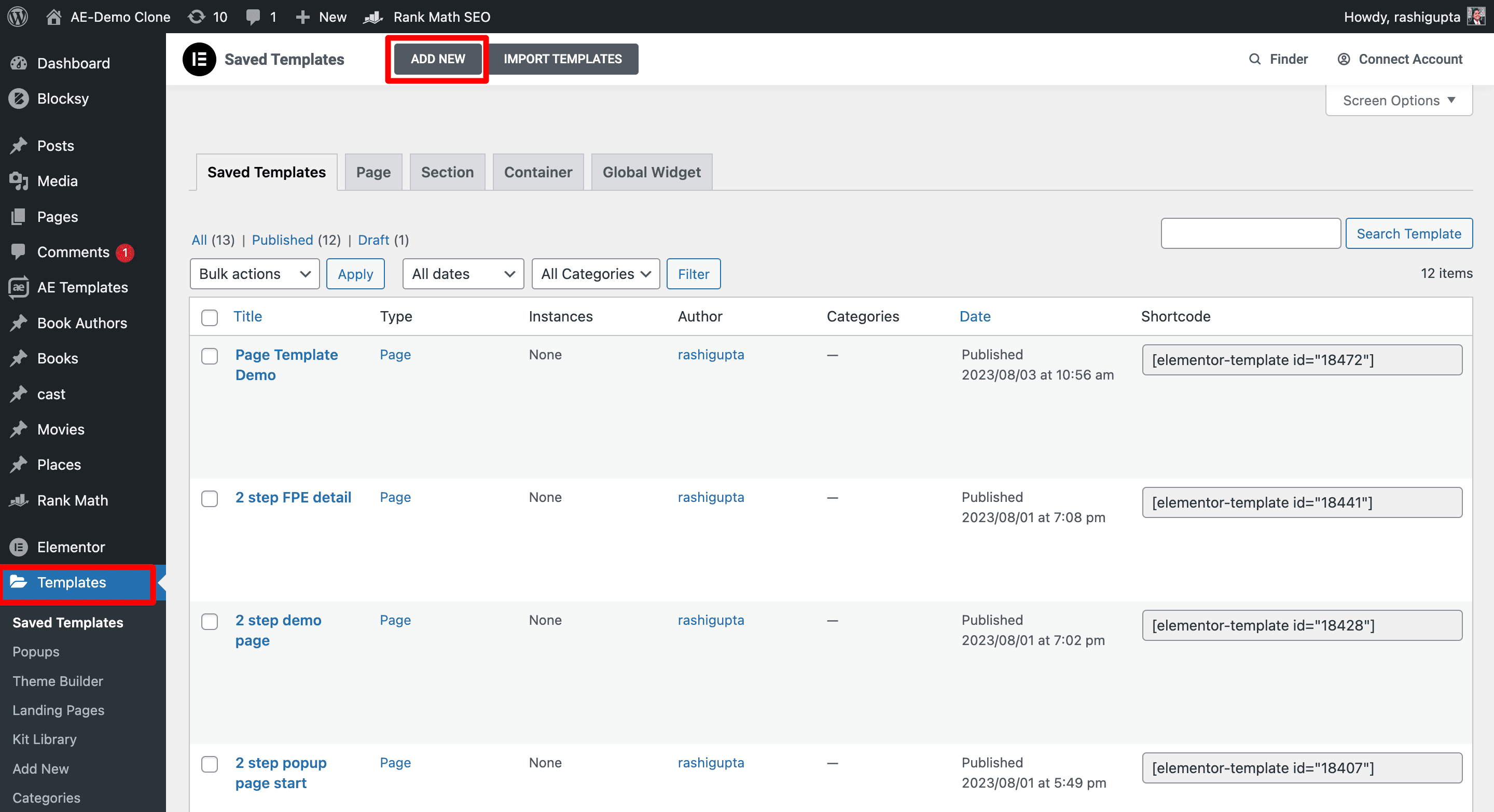 Elementor: Add New Template Settings