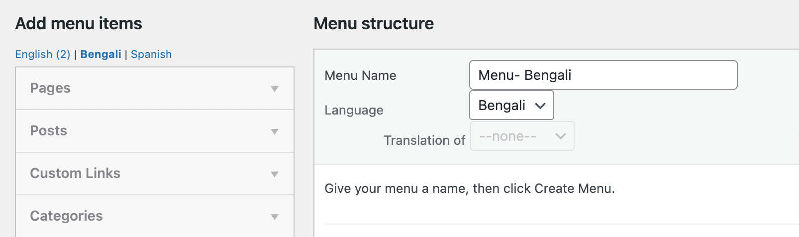 WordPress: Added Language Menu Settings