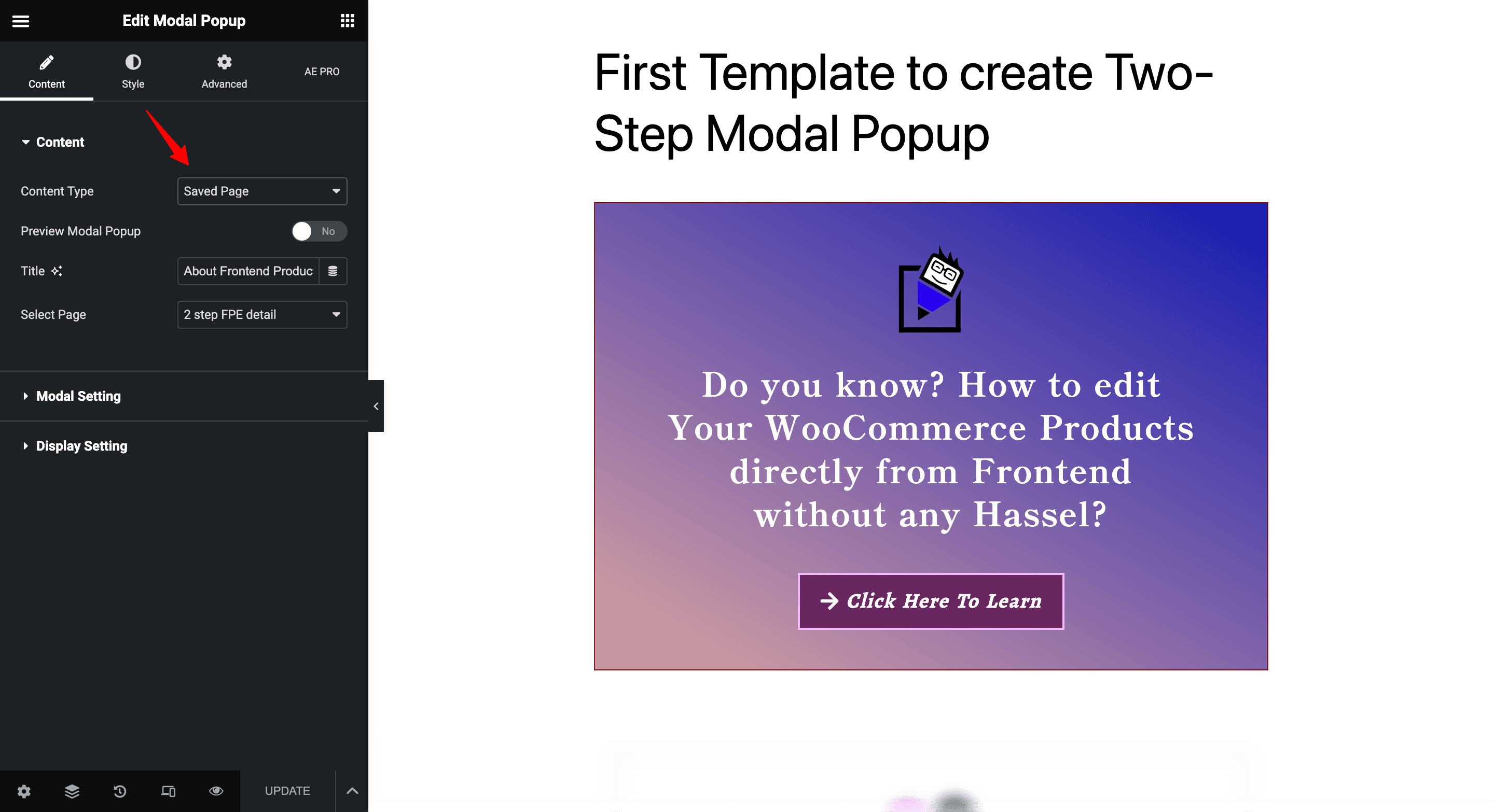 Modal Popup: First Template Design Settings