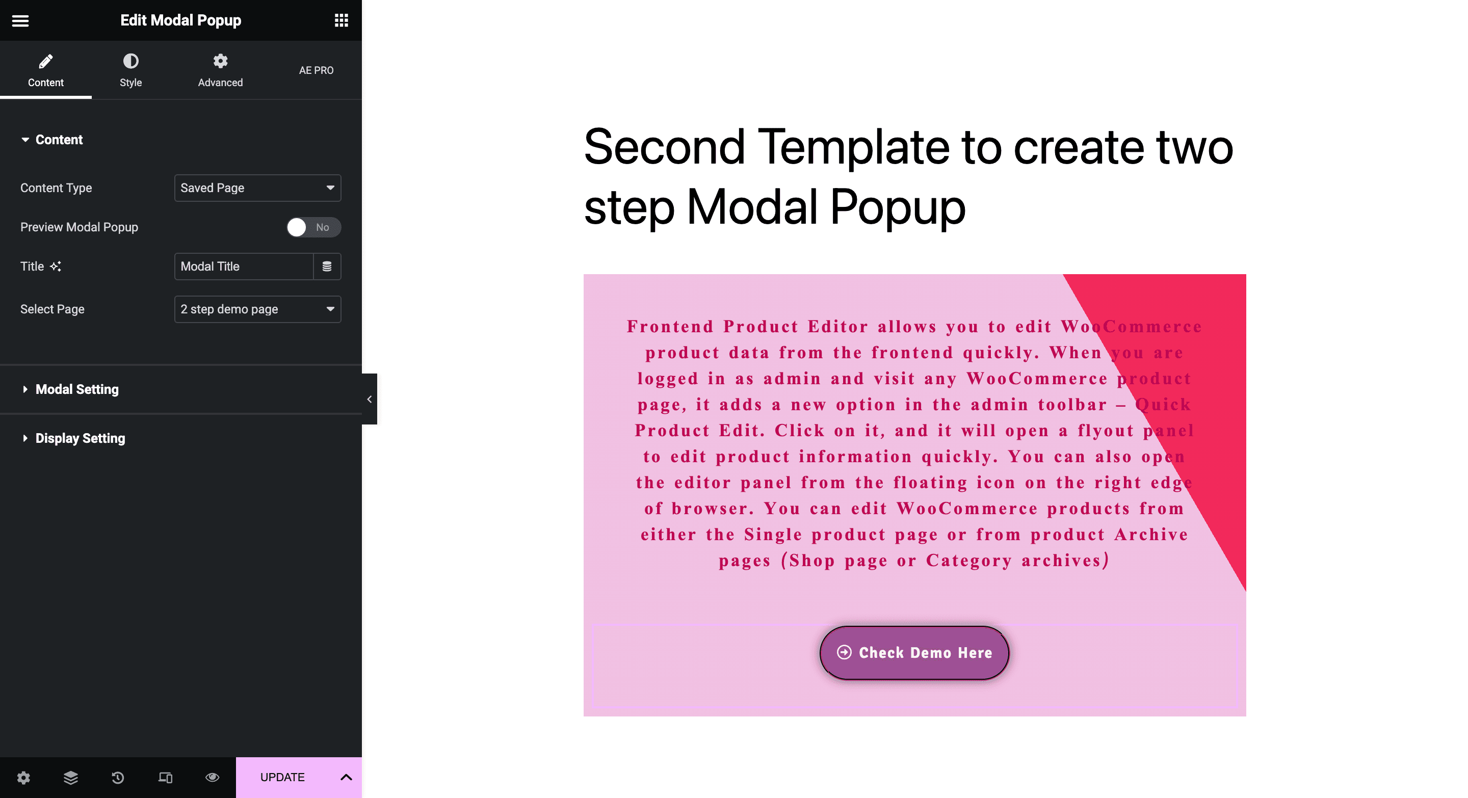 Modal Popup: Second Template Design Settings