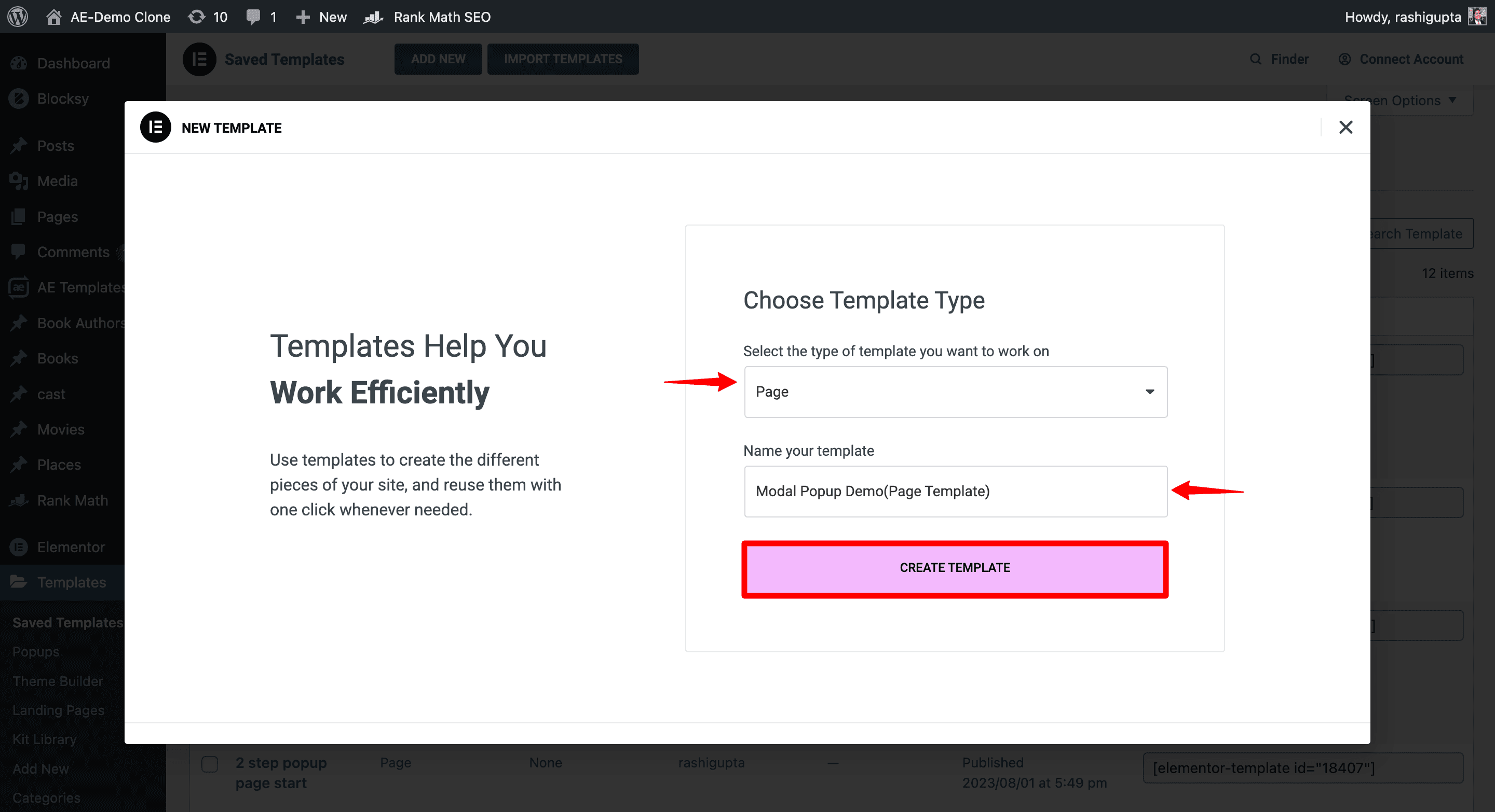 Elementor: Select Template Type Settings