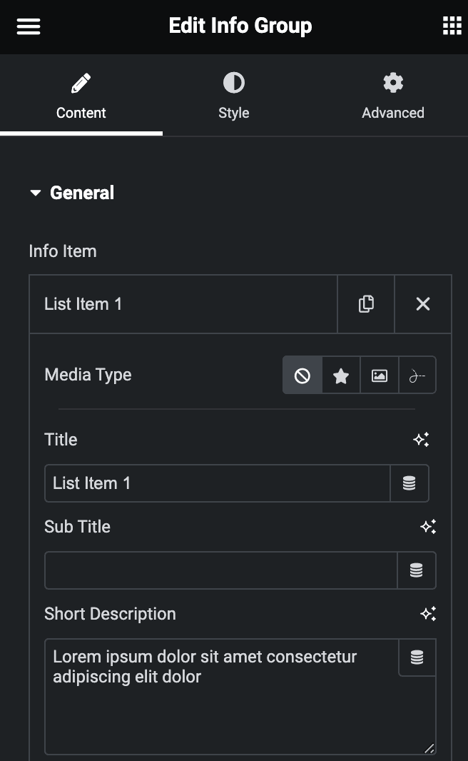 Info Group: Info Item Settings