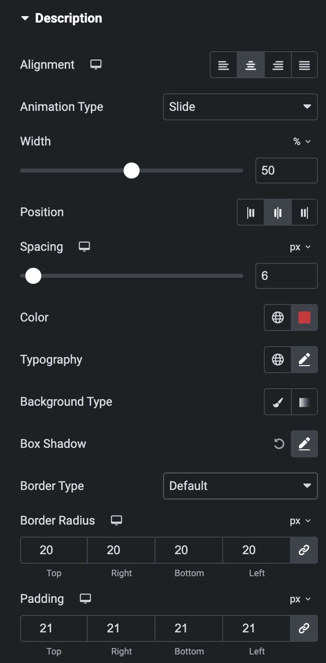 Info Group: Description Style Settings