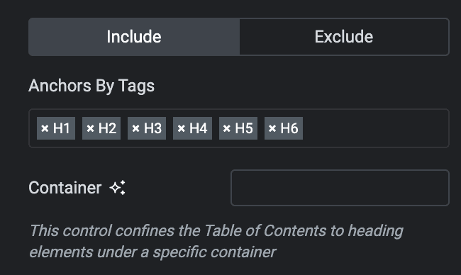 Table Of Content: Include HTML Tag Settings