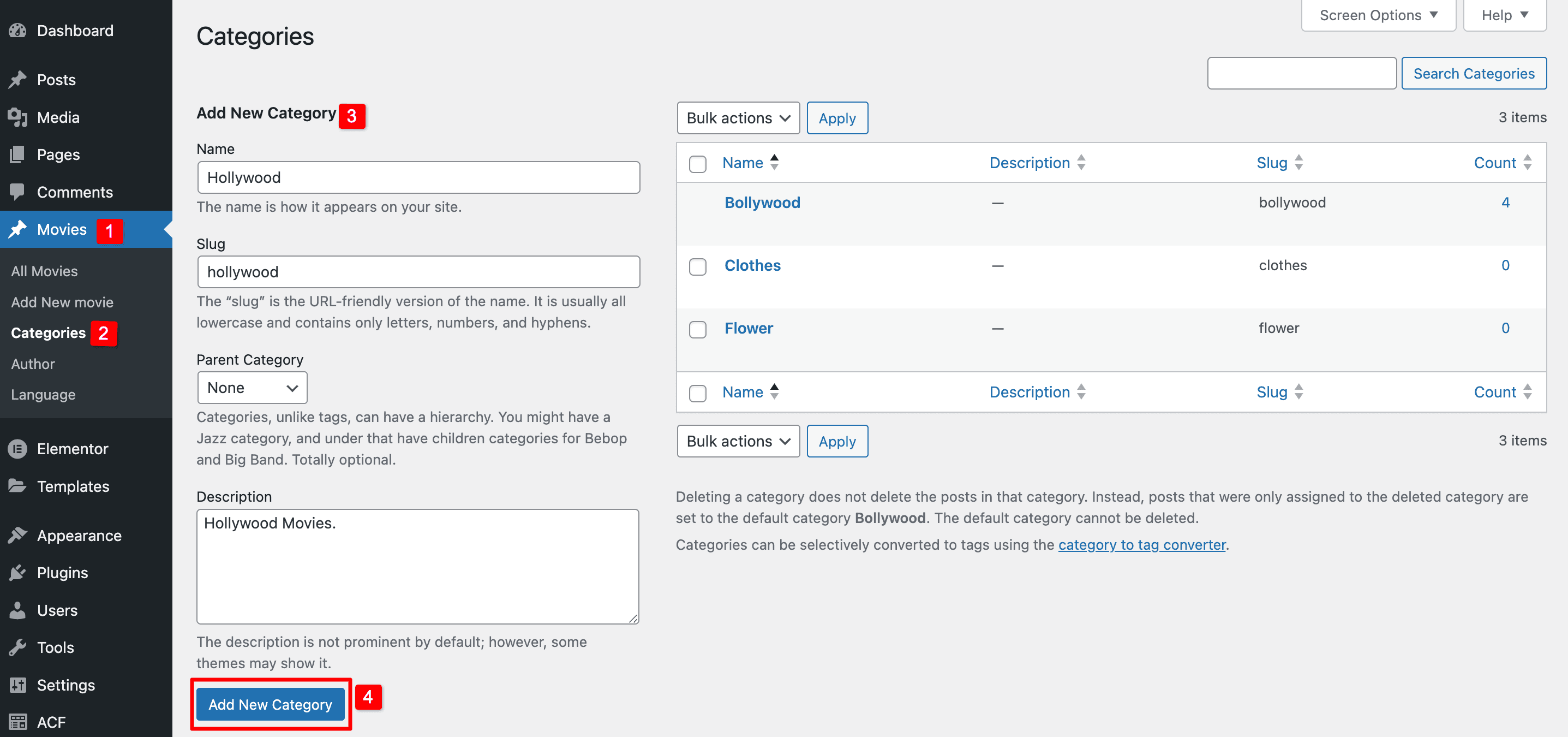 Advanced Custom Fields: Create Categories Settings