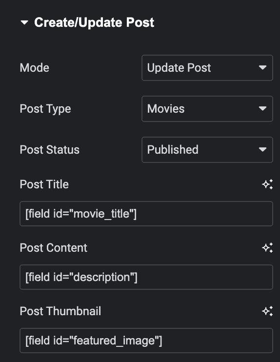 Elementor Form: Create/Update Post Settings