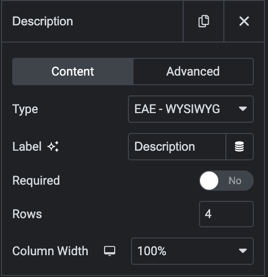 Elementor Form: EAE - WYSYWYG Field Type