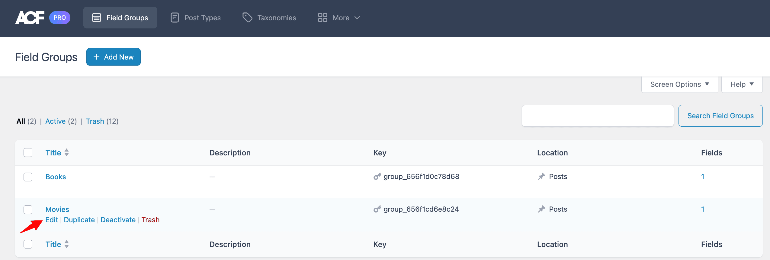 Advanced Custom Fields: Edit Custom Fields Group Settings