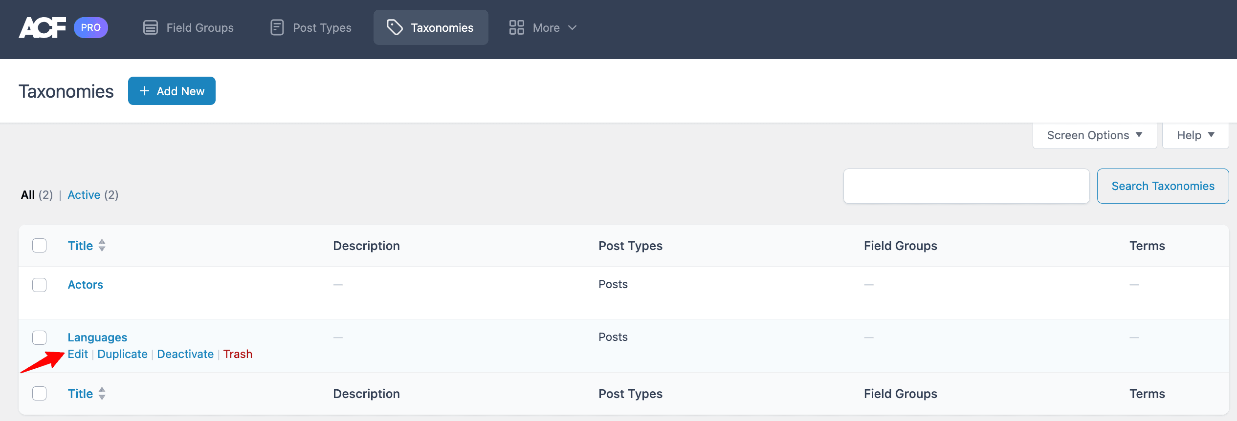 Advanced Custom Fields: Edit Taxonomy Settings