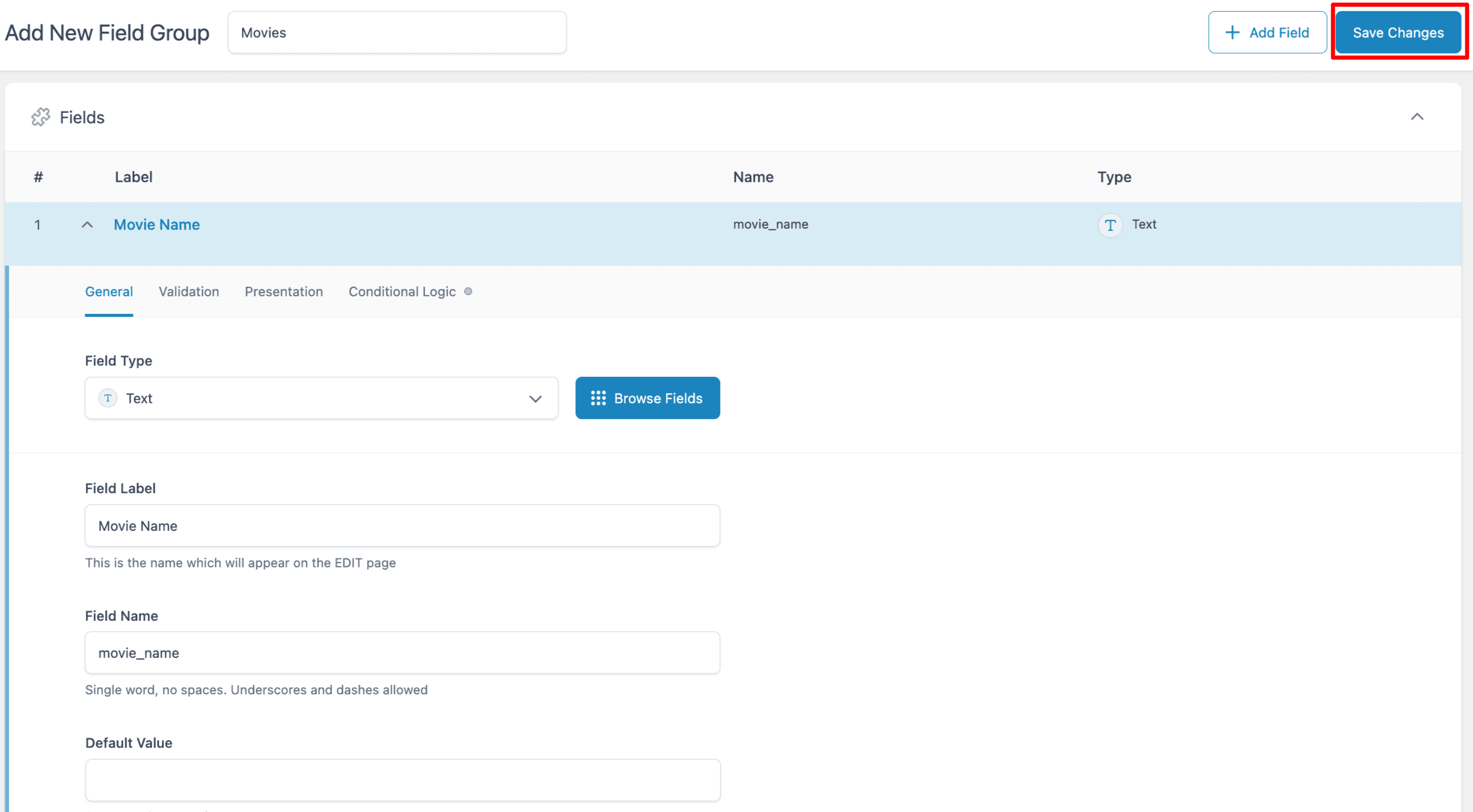 Advanced Custom Fields: Add Custom Fields Settings