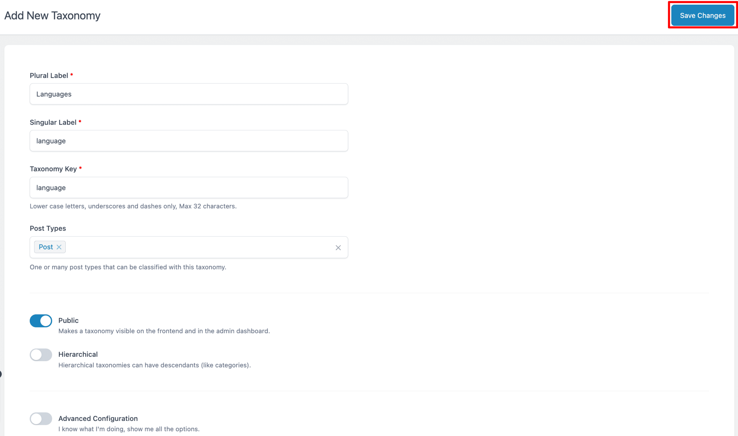 Advanced Custom Fields: Taxonomy Settings