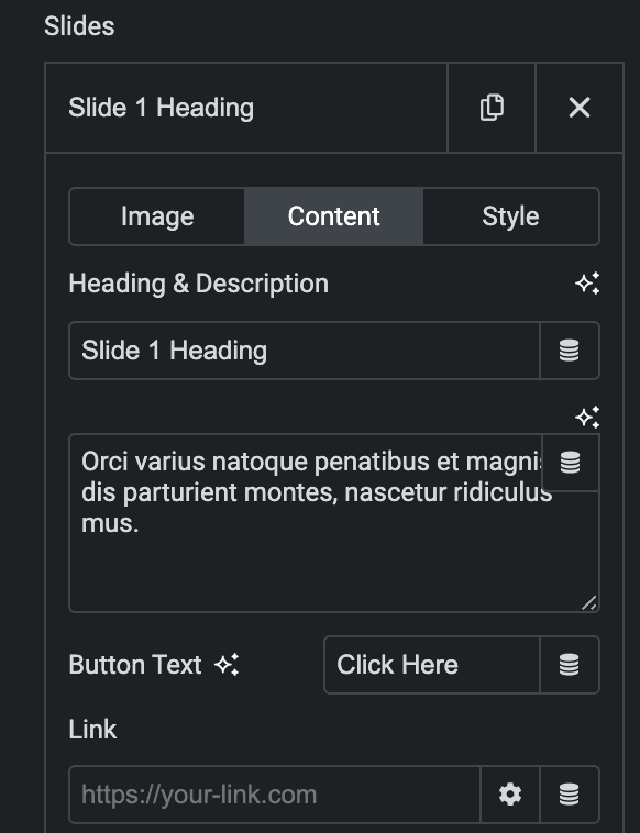 Thumbnail Slider: Slides Content Settings