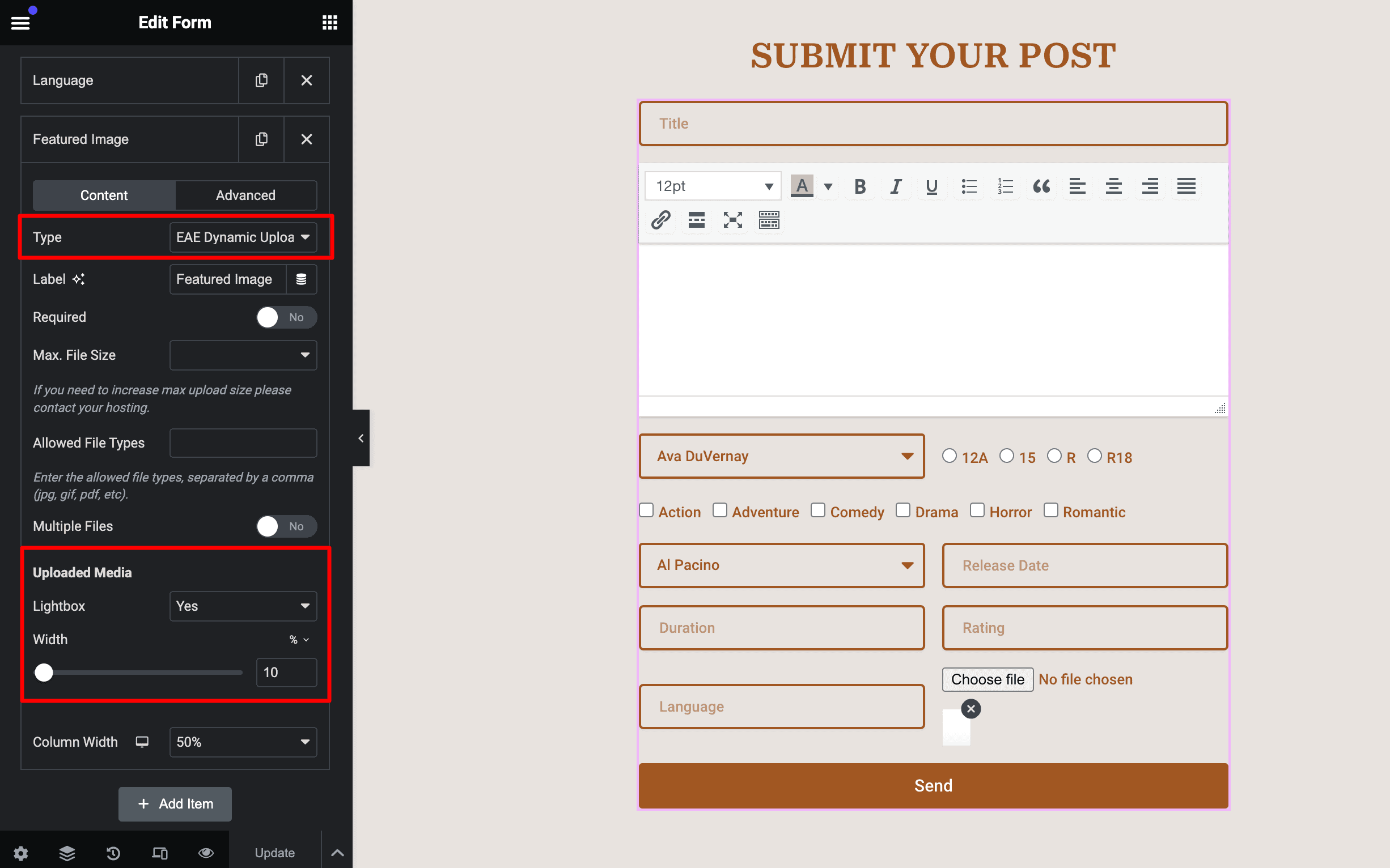 Elementor Form: Use EAE- Dynamic Upload Option