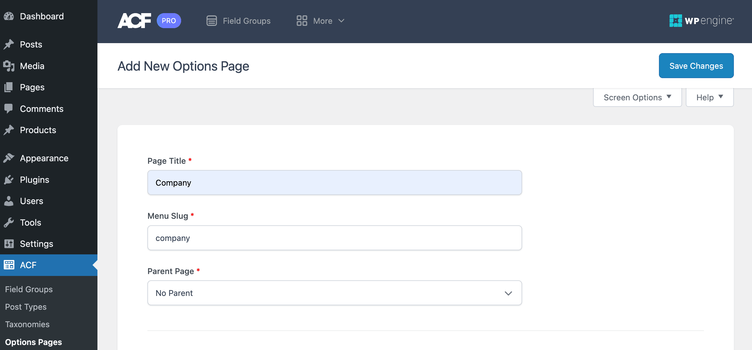 ACF: Options Page Settings