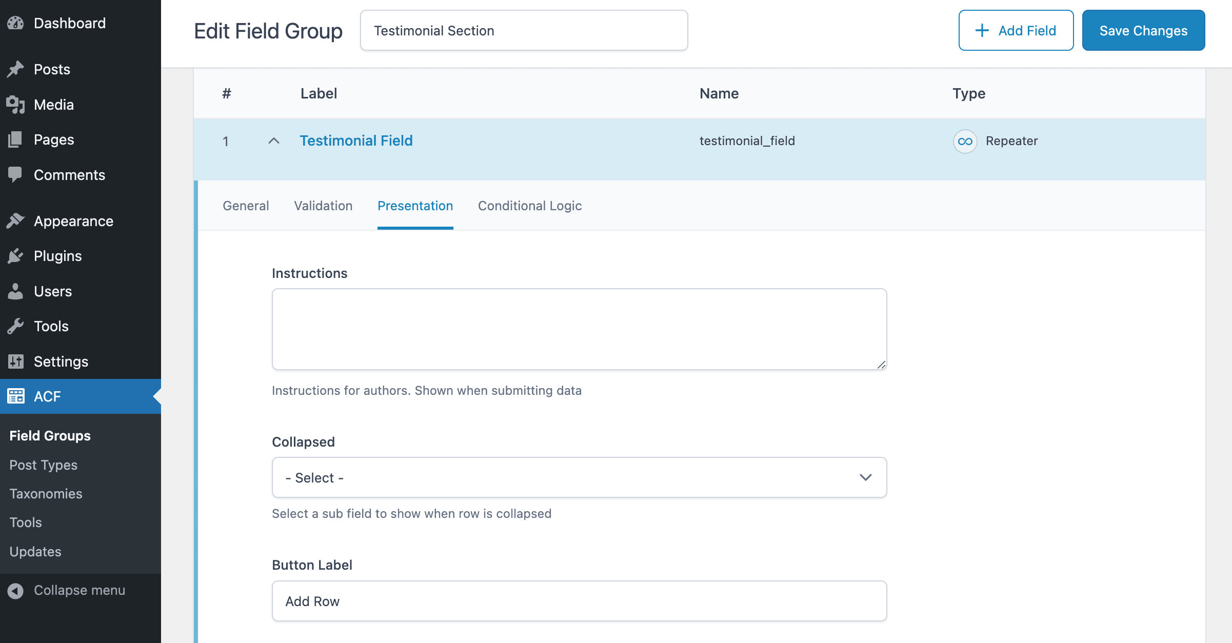 ACF Repeater: Presentation Settings